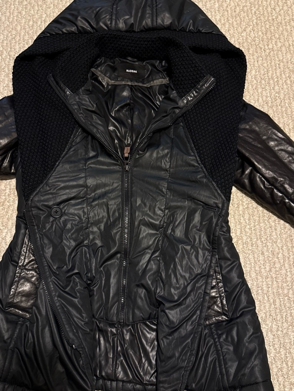RUDSAK Black Quilted Puffer Coat with Knit Hood